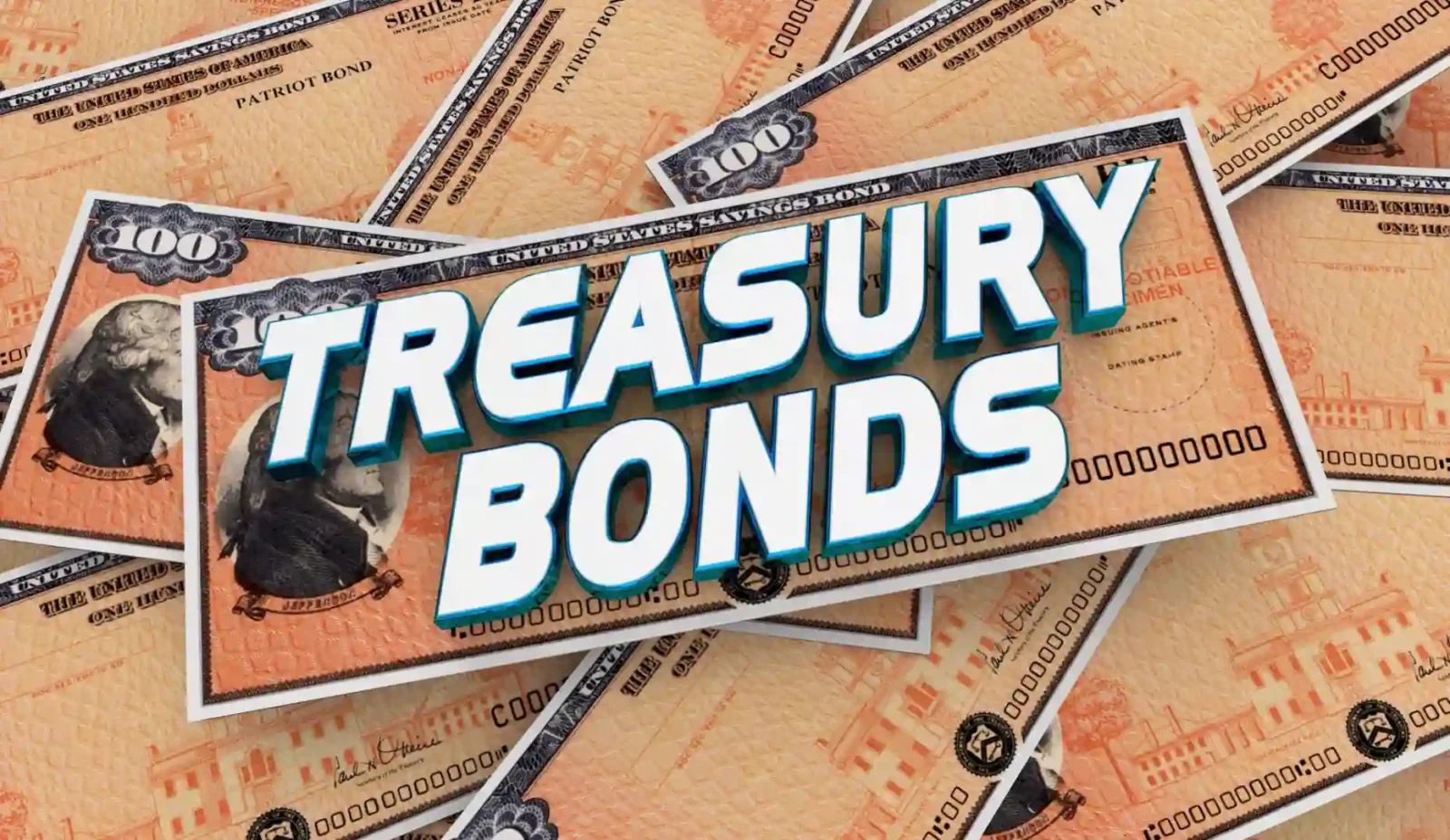 Treasury bonds text over illustrated government bond certificates, representing government securities, bond investing, and fixed-income returns.