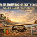 Illustration titled 2026 US Housing Market Forecast showing homes, for-sale signs, price arrows, coins, and uncertainty, representing US housing market conditions and affordability risks.