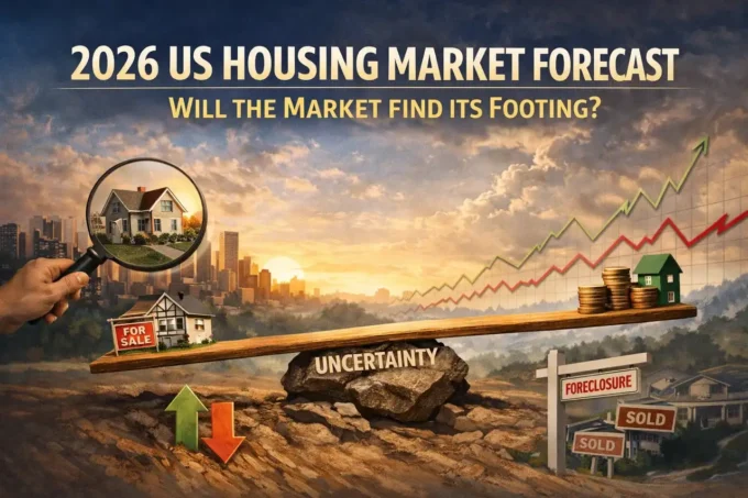 Illustration titled 2026 US Housing Market Forecast showing homes, for-sale signs, price arrows, coins, and uncertainty, representing US housing market conditions and affordability risks.
