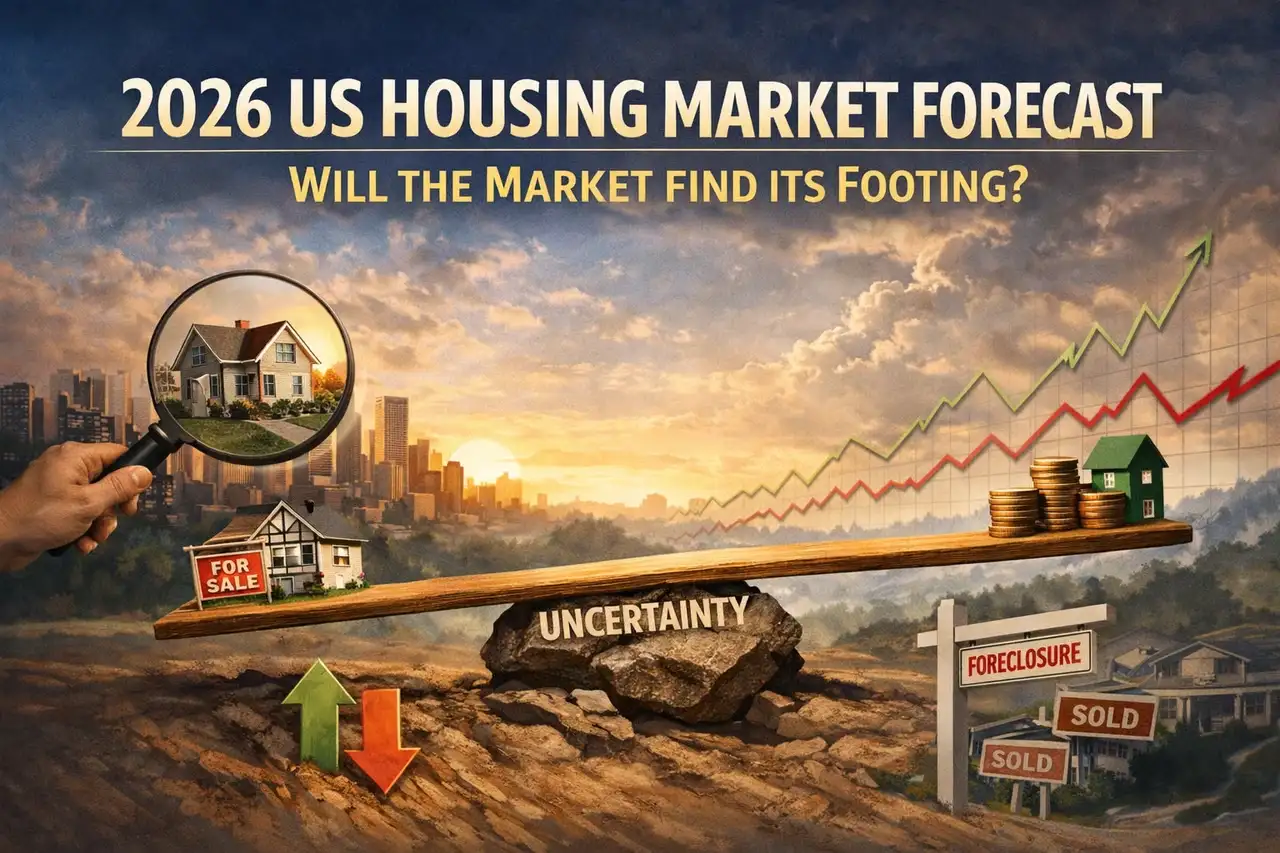 Illustration titled 2026 US Housing Market Forecast showing homes, for-sale signs, price arrows, coins, and uncertainty, representing US housing market conditions and affordability risks.