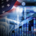 US flag overlaid with financial charts and market data, representing US stock market indices, investor sentiment, Fed policy risk, and macroeconomic pressure.