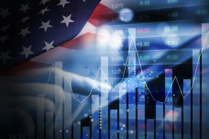 US flag overlaid with financial charts and market data, representing US stock market indices, investor sentiment, Fed policy risk, and macroeconomic pressure.