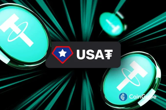 Digital graphic showing USA₮ branding with Tether-style tokens, representing stablecoin payroll adoption, digital payments, and real-time wage infrastructure.