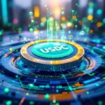 Futuristic digital USDC stablecoin token surrounded by glowing network lines and blockchain-style data nodes, representing stablecoin payments and digital asset infrastructure.
