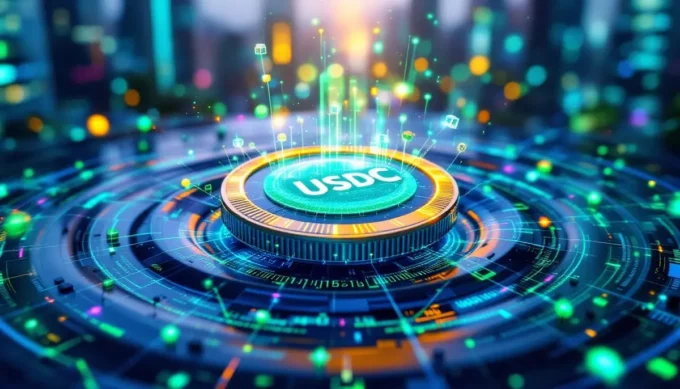 Futuristic digital USDC stablecoin token surrounded by glowing network lines and blockchain-style data nodes, representing stablecoin payments and digital asset infrastructure.