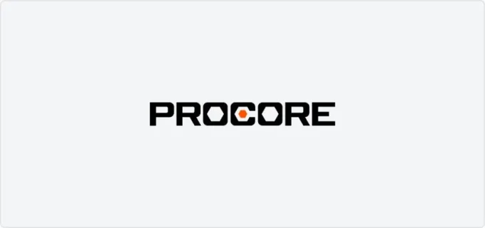 Close-up image of the Procore logo displayed on a dark digital screen, representing the company’s construction-software and financing activity.