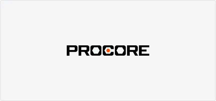 Close-up image of the Procore logo displayed on a dark digital screen, representing the company’s construction-software and financing activity.