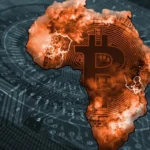 Digital illustration of the African continent glowing over a circuit-board background with a Bitcoin symbol, representing crypto adoption, stablecoins, digital payments and blockchain activity across Africa.
