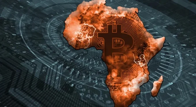 Digital illustration of the African continent glowing over a circuit-board background with a Bitcoin symbol, representing crypto adoption, stablecoins, digital payments and blockchain activity across Africa.
