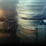 Stacked coins over a financial city backdrop with chart overlays, representing capital raising, IPO valuation and equity-market activity.