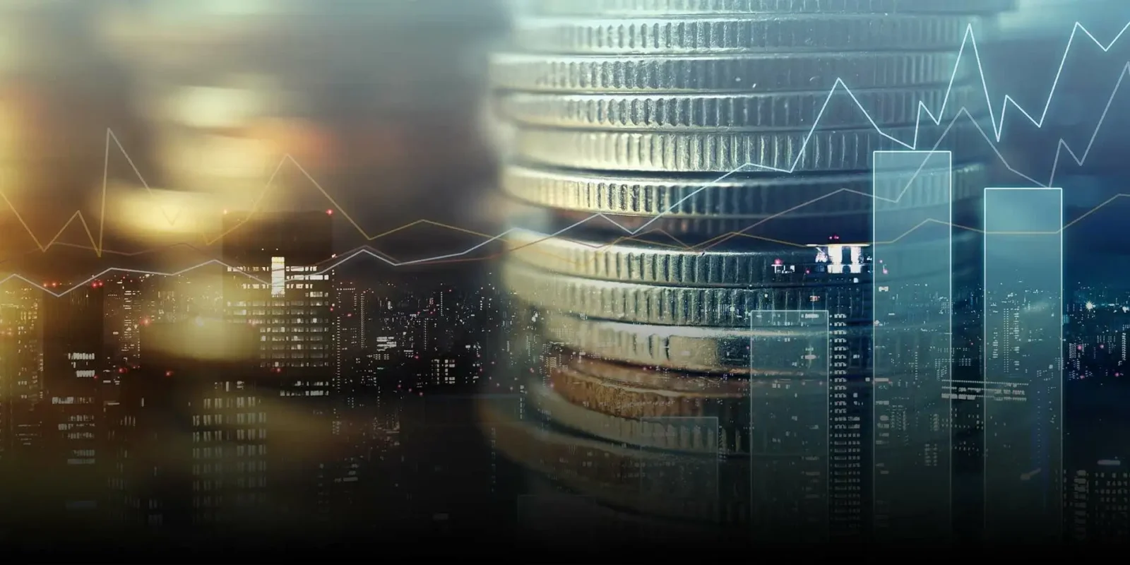 Stacked coins over a financial city backdrop with chart overlays, representing capital raising, IPO valuation and equity-market activity.