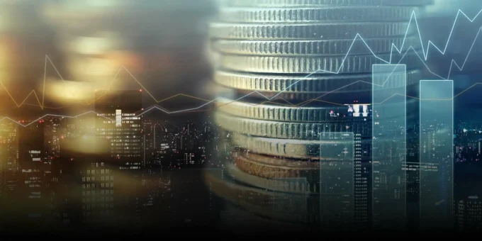 Stacked coins over a financial city backdrop with chart overlays, representing capital raising, IPO valuation and equity-market activity.