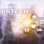 Business-themed insurtech image showing silhouettes of professionals with digital insurance icons, representing technology-driven insurance distribution and embedded insurance platforms.