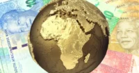 A gold globe focused on Africa placed over colourful African banknotes, representing African sovereign debt, regional capital markets, currency exposure and investment flows into African government bonds.