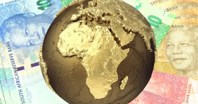 A gold globe focused on Africa placed over colourful African banknotes, representing African sovereign debt, regional capital markets, currency exposure and investment flows into African government bonds.