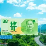 Illustration of renewable energy infrastructure with wind turbines, solar panels, green mountains and a Chinese-style banknote, representing China green bonds and clean-energy financing.