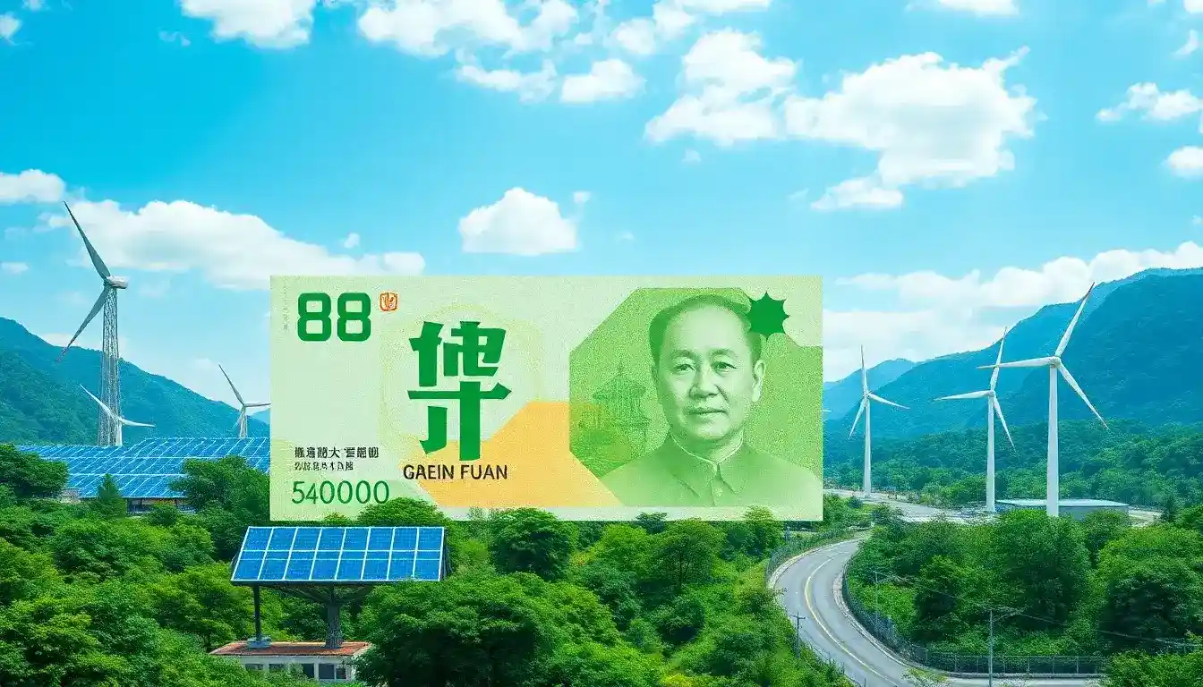 Illustration of renewable energy infrastructure with wind turbines, solar panels, green mountains and a Chinese-style banknote, representing China green bonds and clean-energy financing.