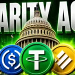 Digital asset policy image showing the words “CLARITY ACT” above the U.S. Capitol, with stablecoin symbols including USDT, USDC and other crypto tokens in the foreground, representing stablecoin regulation and U.S. digital asset legislation.
