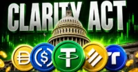 Digital asset policy image showing the words “CLARITY ACT” above the U.S. Capitol, with stablecoin symbols including USDT, USDC and other crypto tokens in the foreground, representing stablecoin regulation and U.S. digital asset legislation.