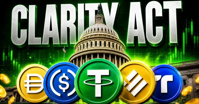 Digital asset policy image showing the words “CLARITY ACT” above the U.S. Capitol, with stablecoin symbols including USDT, USDC and other crypto tokens in the foreground, representing stablecoin regulation and U.S. digital asset legislation.