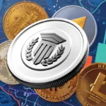 Assorted digital cryptocurrency coins displayed over a financial market chart with red and green candlesticks.