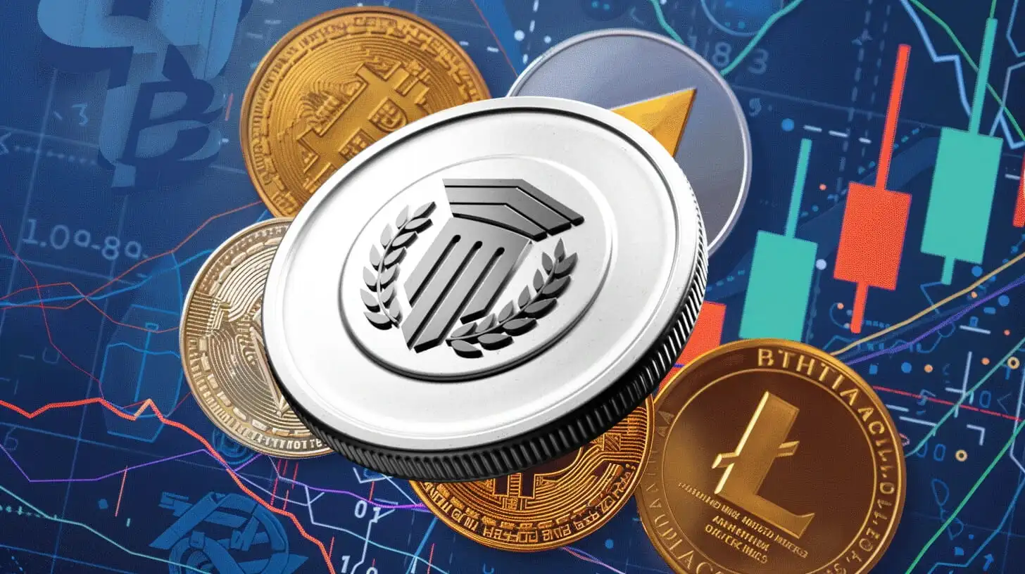 Assorted digital cryptocurrency coins displayed over a financial market chart with red and green candlesticks.
