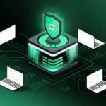 Green digital security illustration showing a central protected server with a shield icon connected to laptops through network lines, representing cybersecurity, custody controls, reserve infrastructure, stablecoin compliance systems and operational risk management.