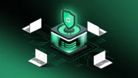 Green digital security illustration showing a central protected server with a shield icon connected to laptops through network lines, representing cybersecurity, custody controls, reserve infrastructure, stablecoin compliance systems and operational risk management.