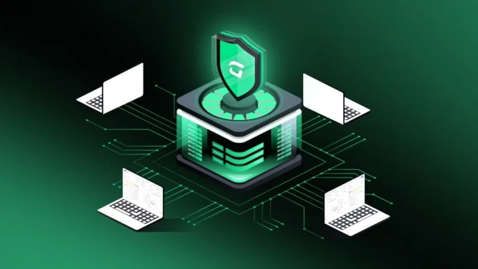 Green digital security illustration showing a central protected server with a shield icon connected to laptops through network lines, representing cybersecurity, custody controls, reserve infrastructure, stablecoin compliance systems and operational risk management.