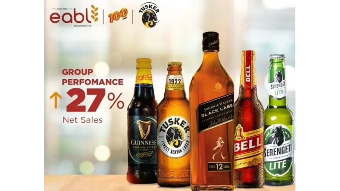 Image showing EABL and Tusker branding alongside bottles of Guinness, Tusker, Johnnie Walker Black Label, Bell and Serengeti Lite, with text highlighting group performance and net sales growth.