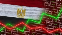 Image showing the Egyptian flag overlaid on a stock-market board with green and red price lines, representing movements in Egypt’s equity market and the contrast between rising headline indices and mixed market breadth.