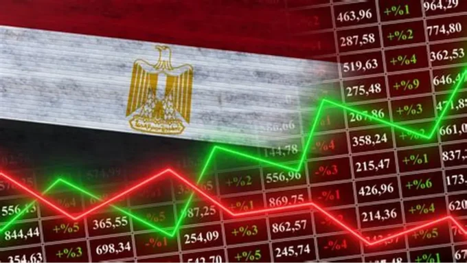 Image showing the Egyptian flag overlaid on a stock-market board with green and red price lines, representing movements in Egypt’s equity market and the contrast between rising headline indices and mixed market breadth.