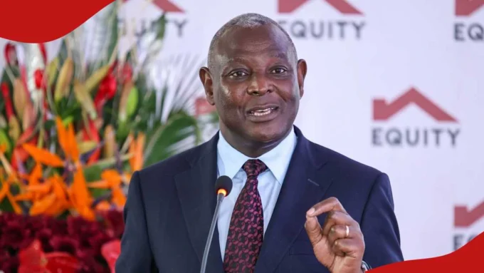 Article image showing an Equity Group executive speaking at a corporate event in front of Equity branding. The image represents Equity Group’s banking results, Kenya’s financial sector, regional banking growth and investor focus on profitability and asset quality.