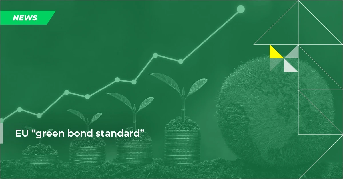 Green-toned image showing plant shoots growing from stacked coins, a rising line chart and the text “EU green bond standard,” representing sustainable finance, green bond growth and Europe’s climate-investment framework.