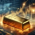 A gold bar placed on a digital financial chart background, symbolising precious metals, reserve backing and market volatility.