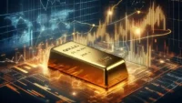 A gold bar placed on a digital financial chart background, symbolising precious metals, reserve backing and market volatility.