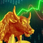 Golden bull statue in front of a digital stock-market screen with a bright green upward line chart, representing a stock-market rally, investor optimism and positive market momentum.