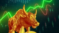 Golden bull statue in front of a digital stock-market screen with a bright green upward line chart, representing a stock-market rally, investor optimism and positive market momentum.