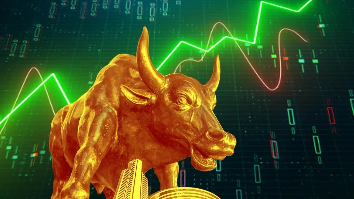 Golden bull statue in front of a digital stock-market screen with a bright green upward line chart, representing a stock-market rally, investor optimism and positive market momentum.