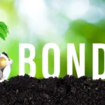 Image of coins in a glass container with a small green plant growing from them, placed in soil against a blurred green background. Large white text reads “BONDS,” symbolising green bonds, sustainable finance and investment in environmental projects.
