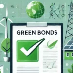 Illustration showing a green bonds document with a check mark, wind turbines, solar panels, electricity infrastructure and sustainability symbols, representing green-bond financing and climate-related investment projects.