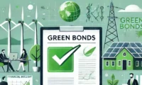 Illustration showing a green bonds document with a check mark, wind turbines, solar panels, electricity infrastructure and sustainability symbols, representing green-bond financing and climate-related investment projects.