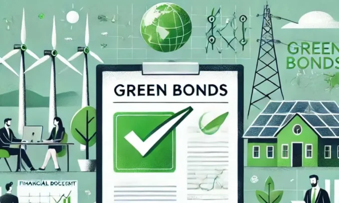 Illustration showing a green bonds document with a check mark, wind turbines, solar panels, electricity infrastructure and sustainability symbols, representing green-bond financing and climate-related investment projects.