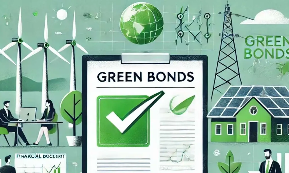 Illustration showing a green bonds document with a check mark, wind turbines, solar panels, electricity infrastructure and sustainability symbols, representing green-bond financing and climate-related investment projects.