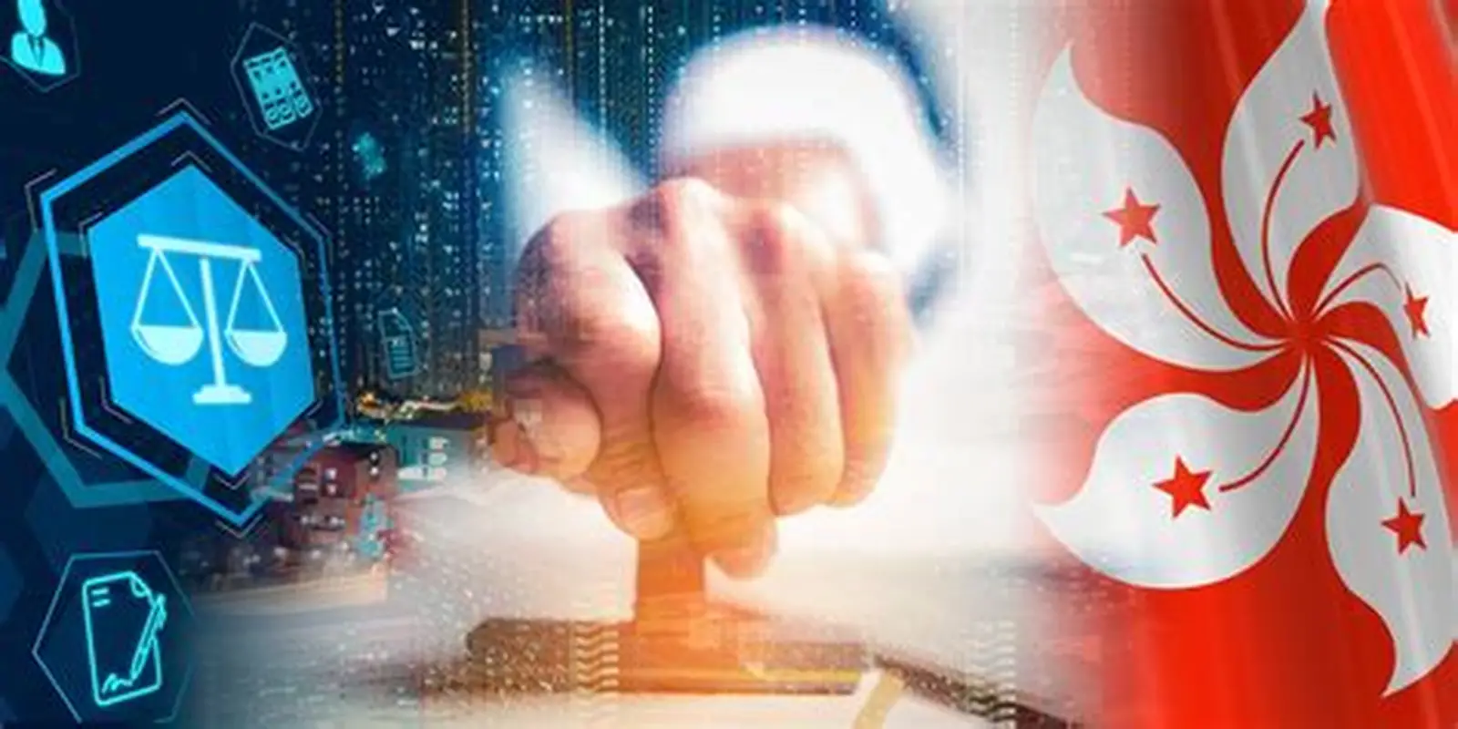 Image showing a Hong Kong flag beside digital finance and legal icons, representing offshore renminbi market regulation, bond futures infrastructure and cross-border financial-market development.