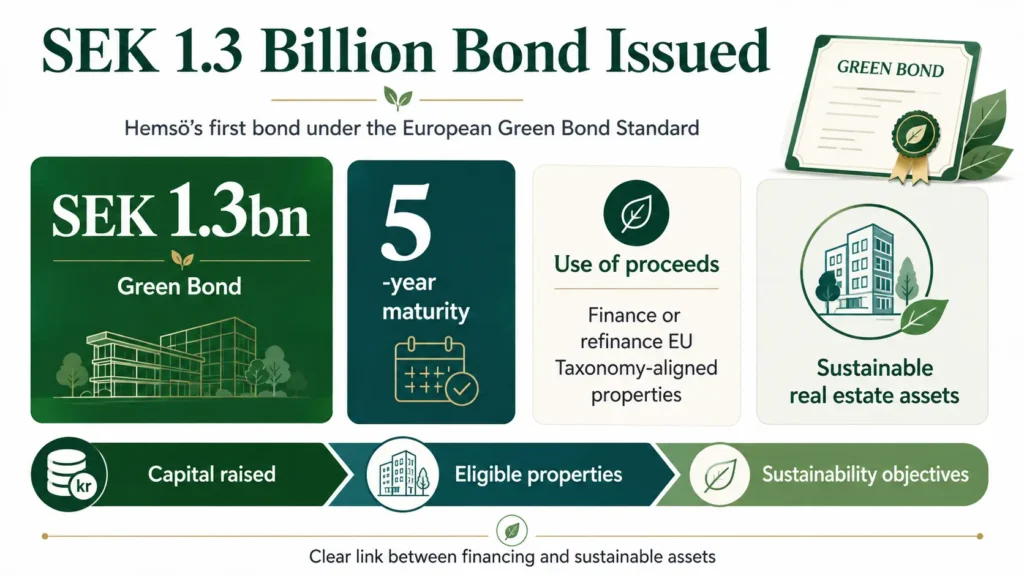 Hemsö’s SEK 1.3 billion green bond finances EU Taxonomy-aligned sustainable real estate assets.