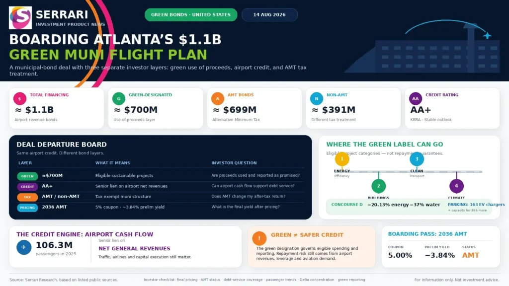 Serrari infographic titled “Boarding Atlanta’s $1.1B Green Muni Flight Plan,” dated 14 August 2026. The visual explains a United States green bond story focused on an Atlanta airport municipal bond financing of about US$1.1 billion. It highlights roughly US$700 million of green-designated bonds, about US$699 million of AMT bonds, about US$391 million of non-AMT bonds and an AA+ credit rating. The infographic breaks the deal into investor layers: green project eligibility, airport revenue credit, AMT and non-AMT tax treatment, and final pricing. It also shows eligible green project areas including energy efficiency, clean transport, buildings, climate and parking infrastructure, with 163 electric-vehicle chargers and capacity for 866 more. It reminds investors that a green label governs use of proceeds and reporting but does not make the credit safer, since repayment still depends on airport revenues, passenger traffic, leverage and aviation demand.