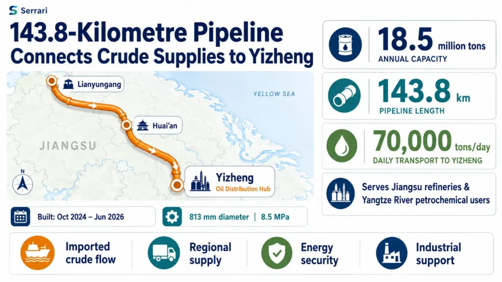 China’s 143.8km crude oil pipeline connects Lianyungang to Yizheng with 18.5 million tons of annual capacity.