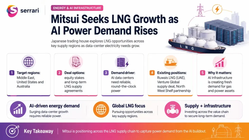 Infographic showing Mitsui’s LNG expansion strategy driven by rising AI power demand, highlighting natural gas, data centers, electricity consumption, energy infrastructure, and investment