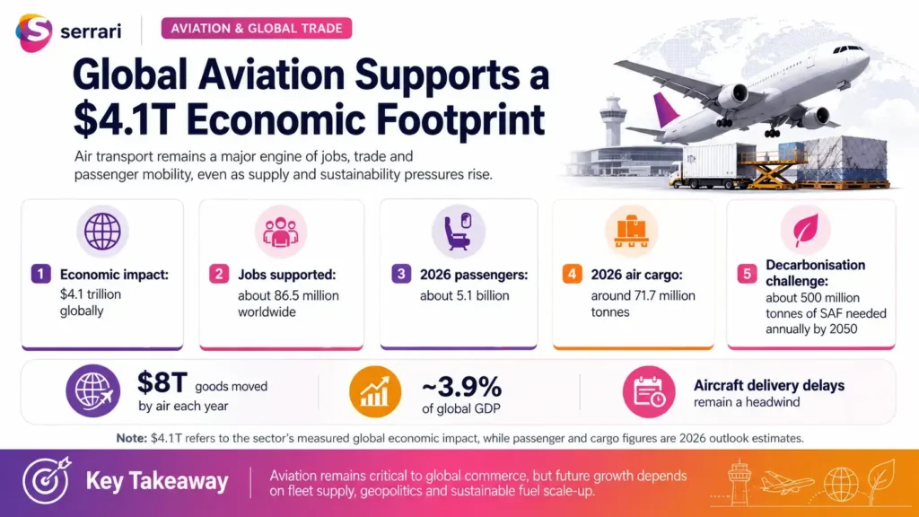 Infographic showing global aviation’s $4.1 trillion economic impact, highlighting passenger travel, cargo, tourism, jobs, trade, investment, and economic connectivity